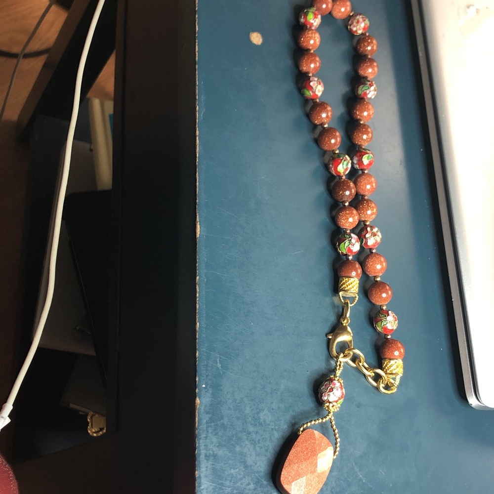 Goldstone Beaded Pendant Necklace - Brown with Floral Accent